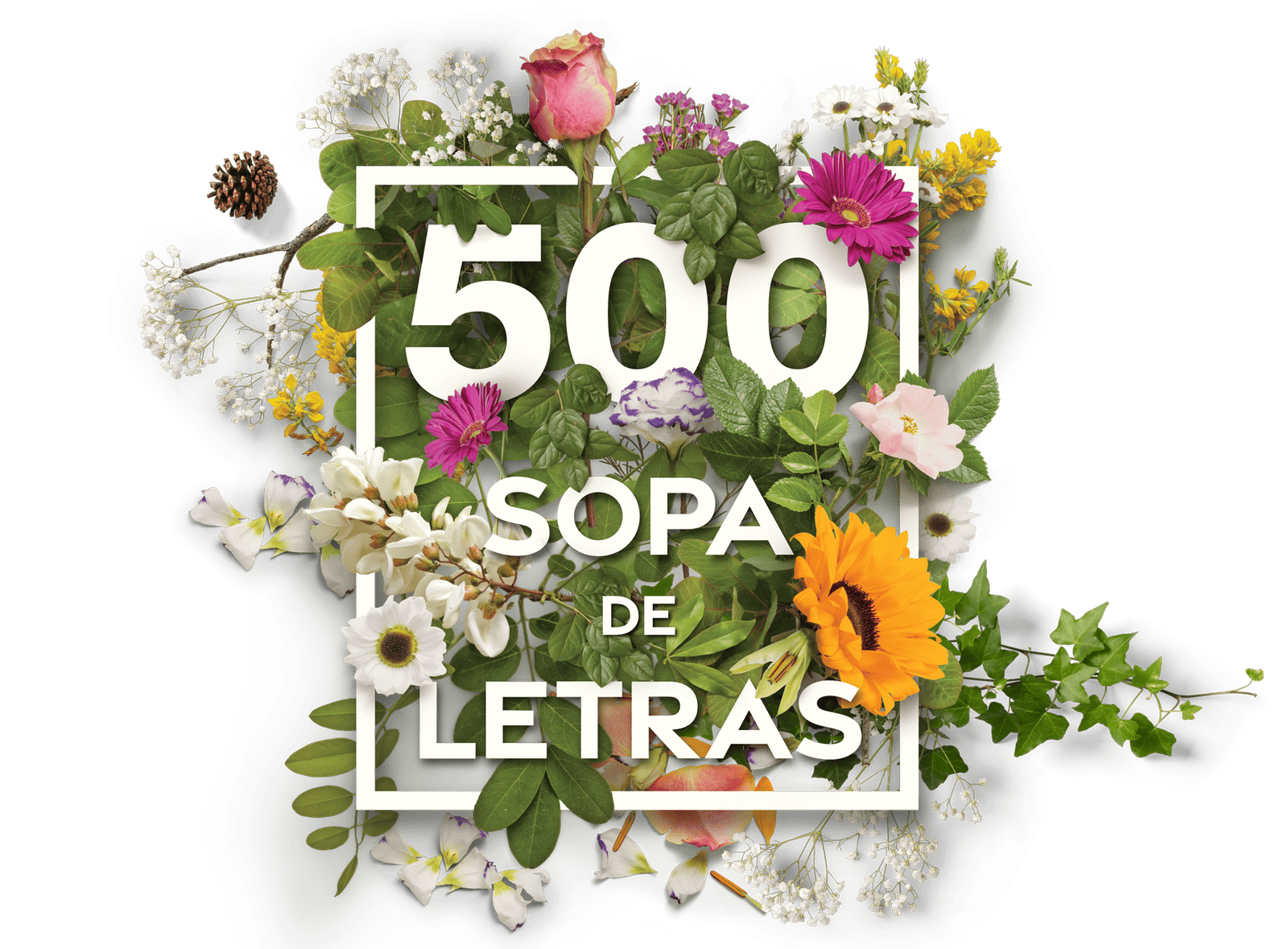 Flores con un texto que dice 500 sopas de letras