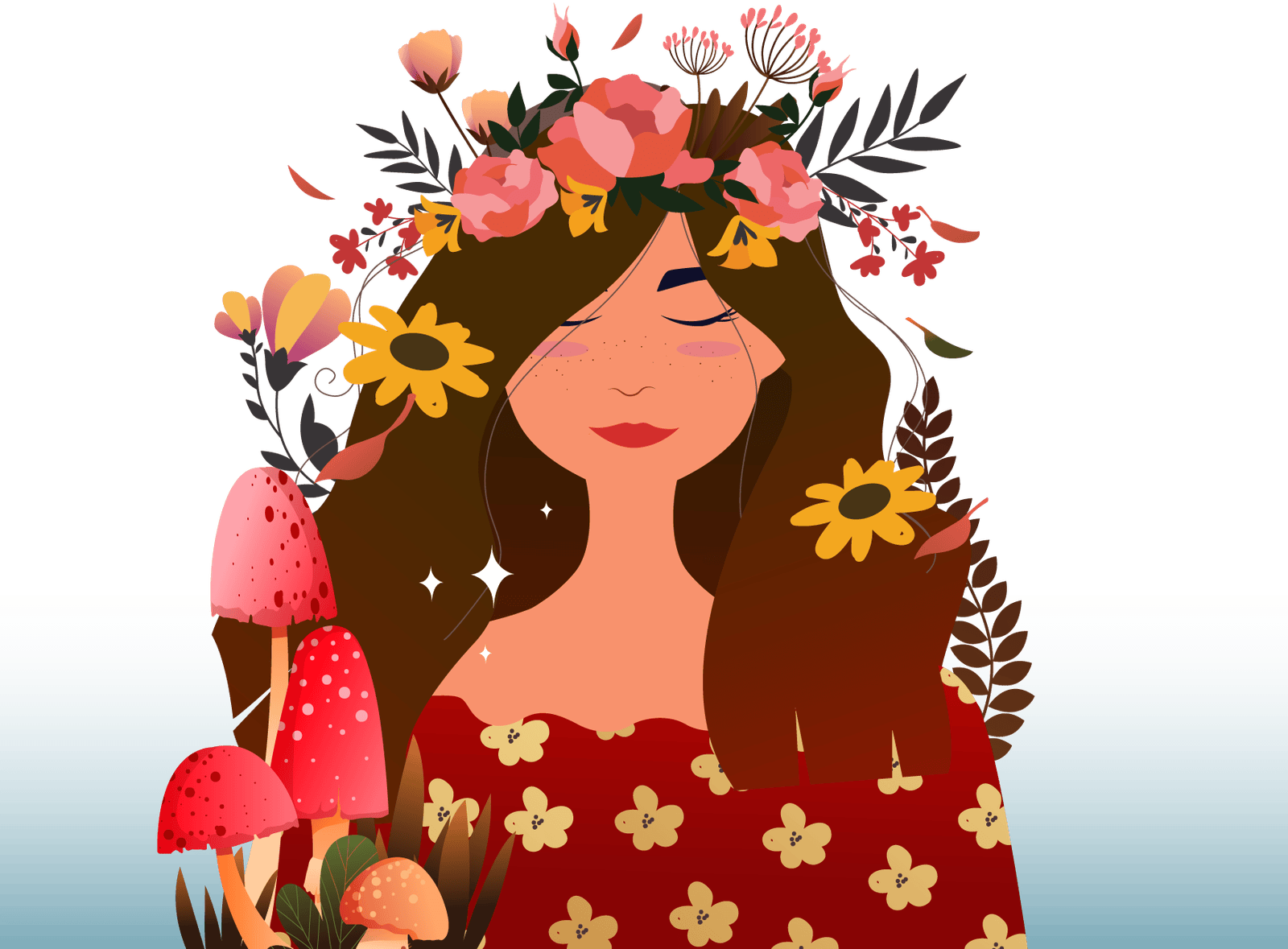 Ilustracion de una mujer con flores en el pelo