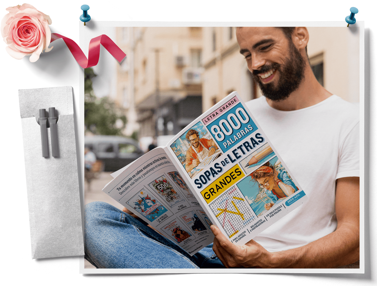 Hombre con libro de sopas de letras dificil para adultos