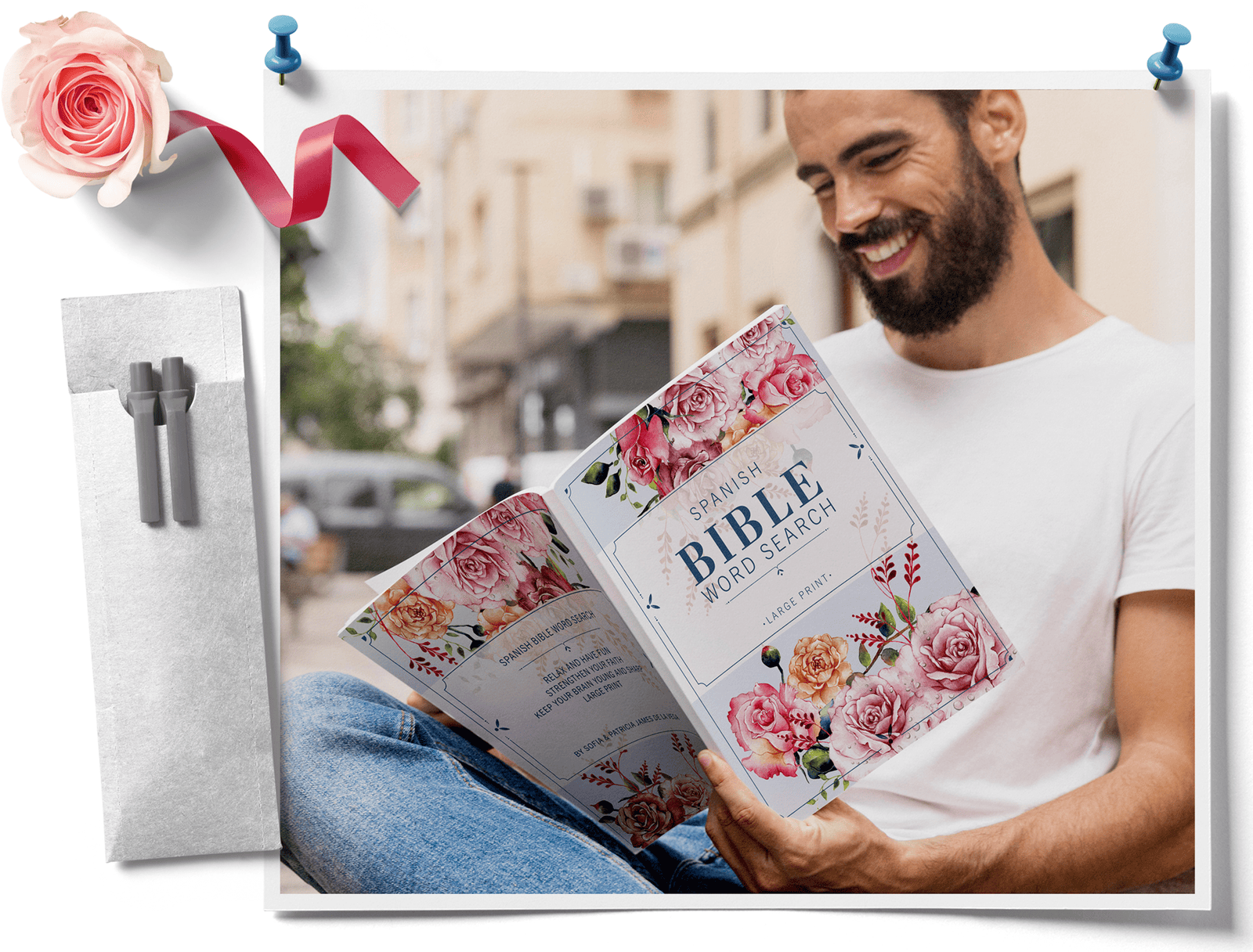 Hombre leyendo libro de sopas de letras de la Biblia