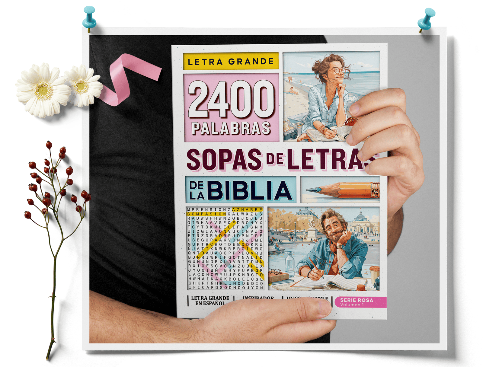 Hombre sosteniendo portada de libro de sopas de letras de la biblia