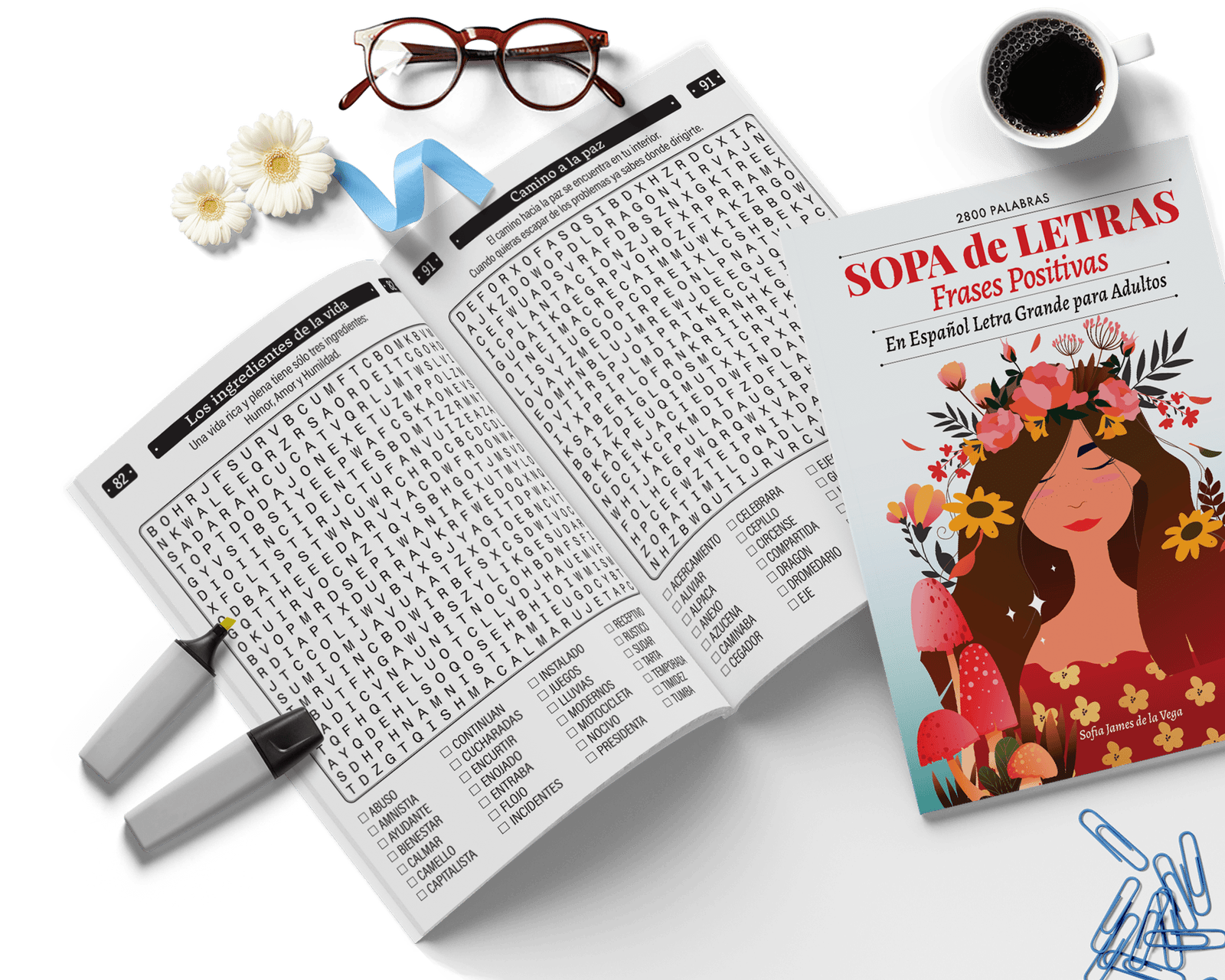 Libro de sopas de letras para adultos con palabras positivas