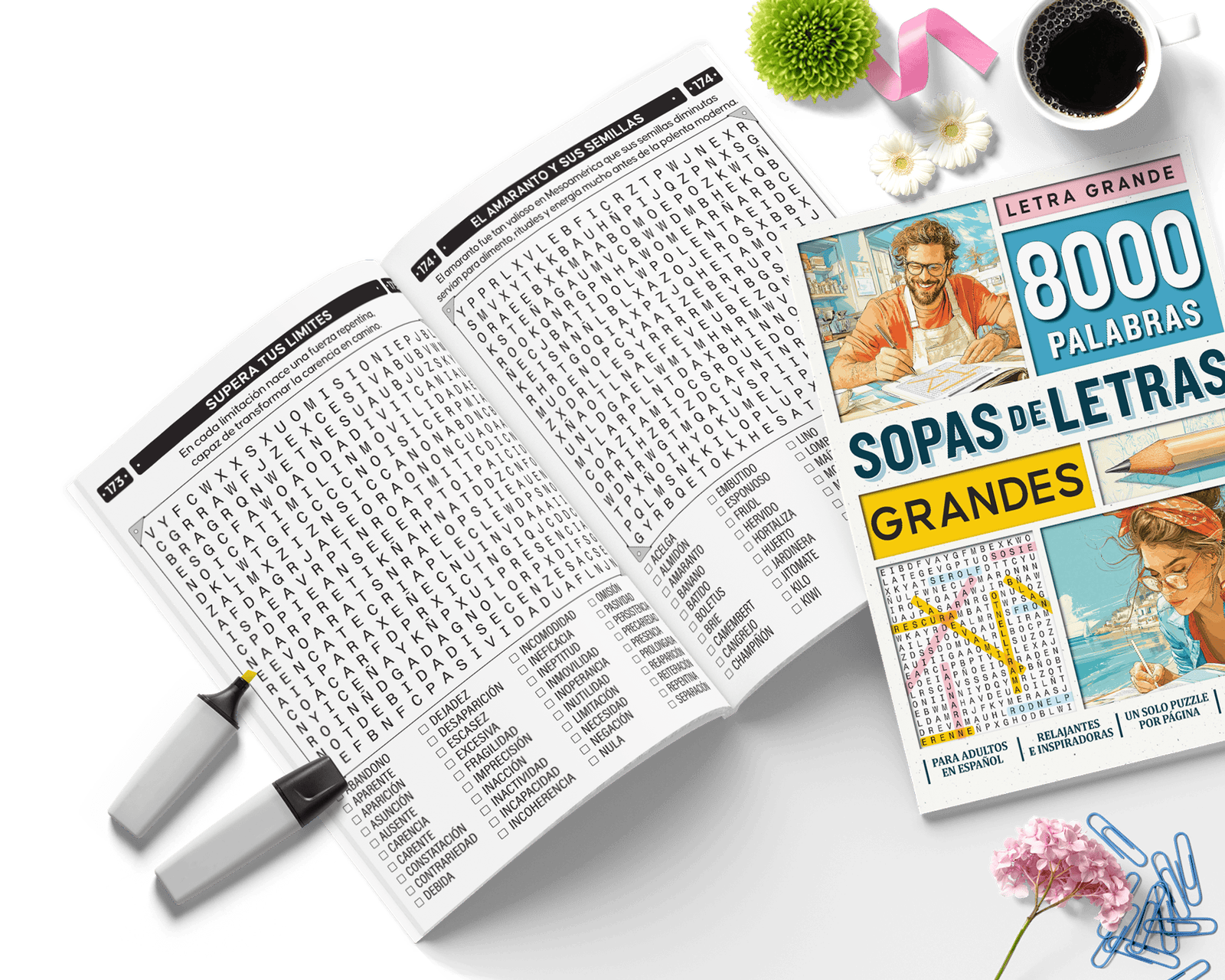 Portada e interior del libro de sopas de letras dificiles para adultos