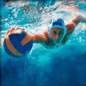 Pintura de un jugador de waterpolo bajo el agua