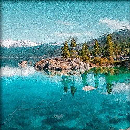 Pintura de un lago con el agua azul turquesa