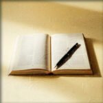 Libro abierto con una pluma encima de el