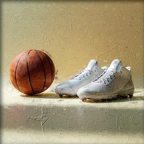 Pintura de unas zapatillas de baloncesto con su pelota