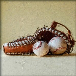 Pintura de unos guantes de beisbol y pelota