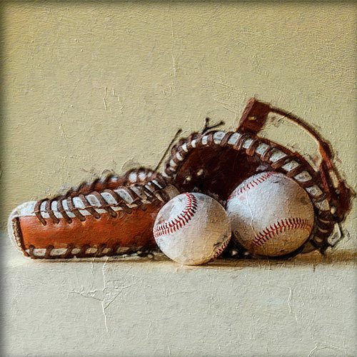 Pintura de unos guantes de beisbol y pelota