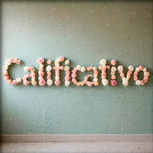 Pared con la palabra calificativo hecha con flores
