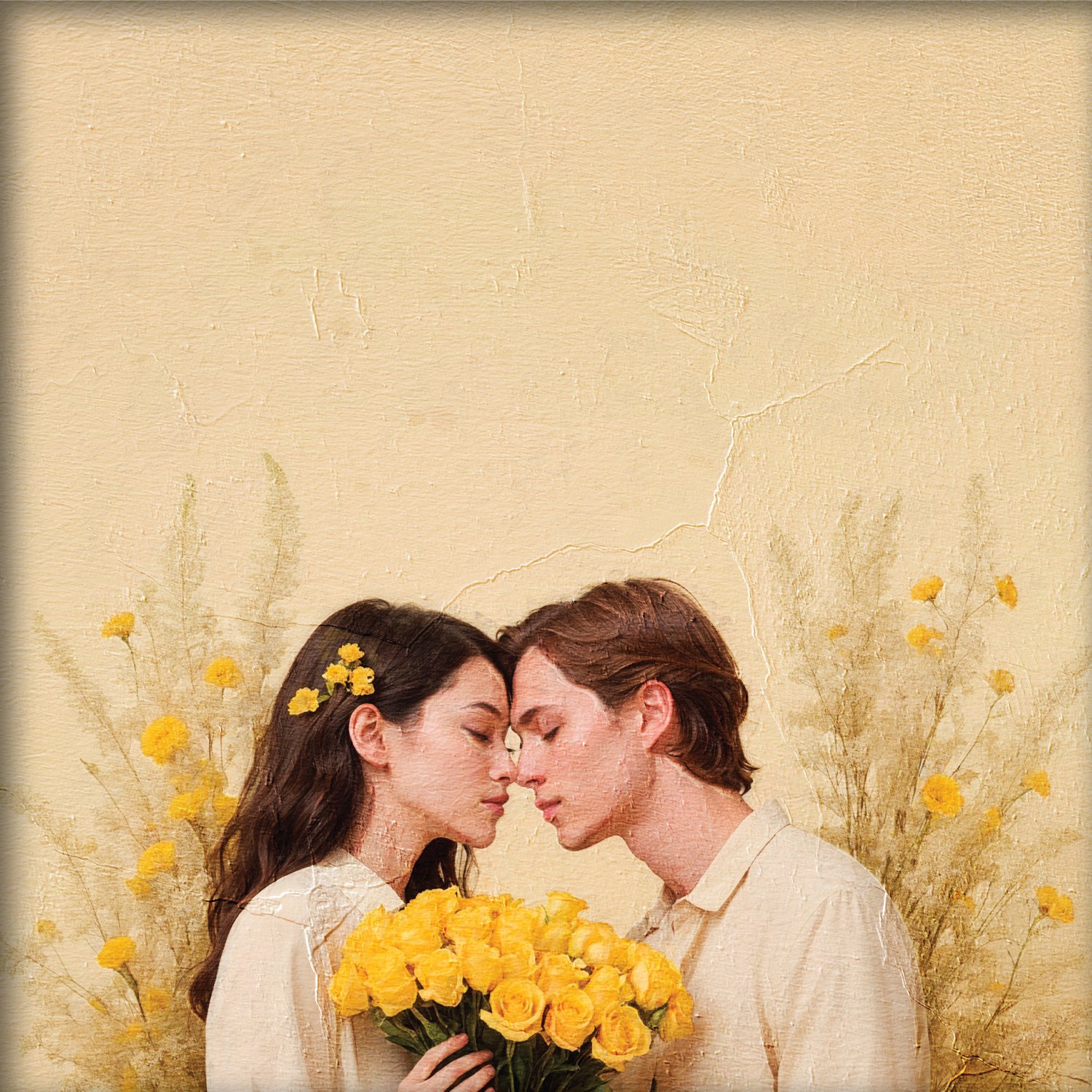 Pintura de dos enamorados sobre un fondo amarillo