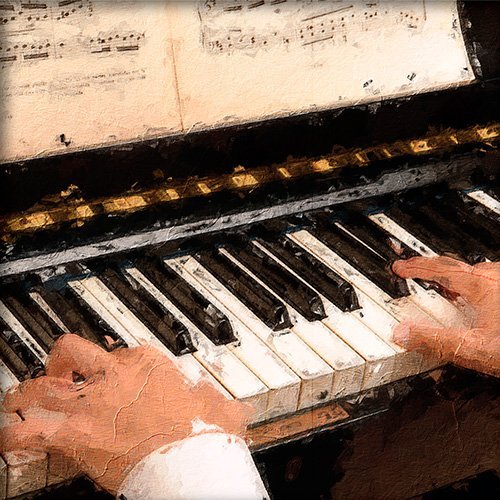 Pintura de unas manos tocando un piano