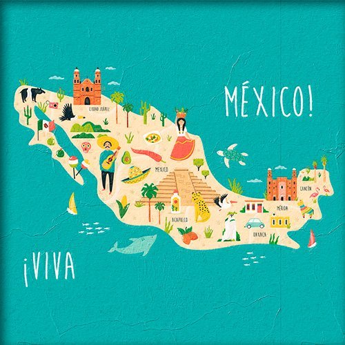 un mapa de mexico con los objetos mas comunes del pais