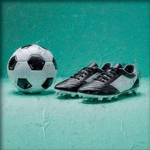 Pintura de unas botas y un balon de futbol