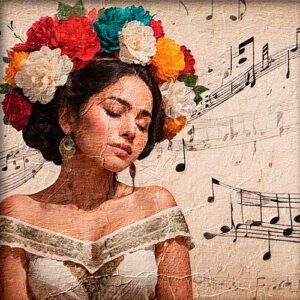 Pintura de una chica mexicana escuchando el himno nacional