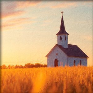 Pintura de una iglesia en el medio del campo