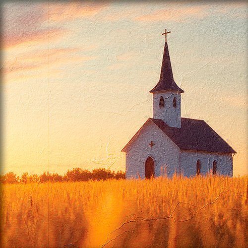 Pintura de una iglesia en el medio del campo