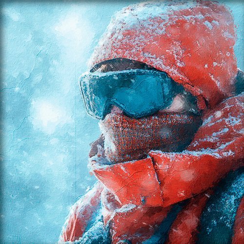 Pintura de una persona con ropa de invierno