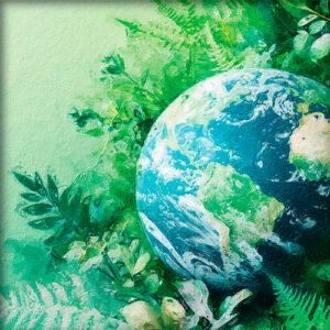 Pintura del planeta con plantas a su alrededor