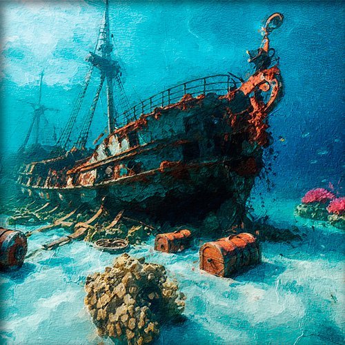 Una pintura de un barco naufragado