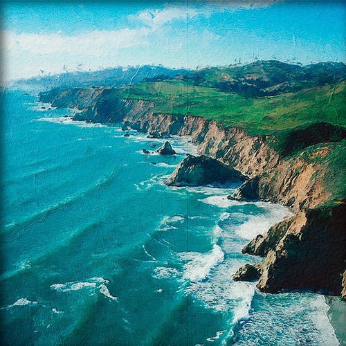 Pintura del oceano y un acantilado