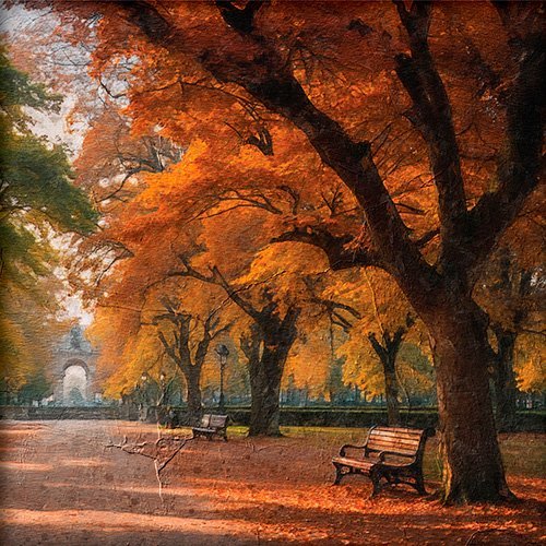 Una pintura de un parque en otoño