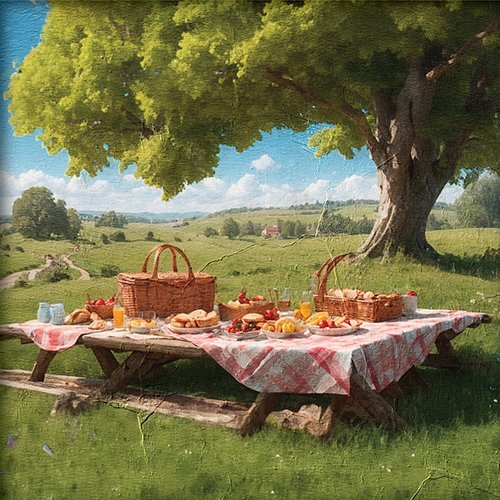 Mesa de picnic con comida en el campo