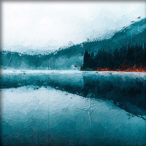Pintura de un lago con arboles y niebla
