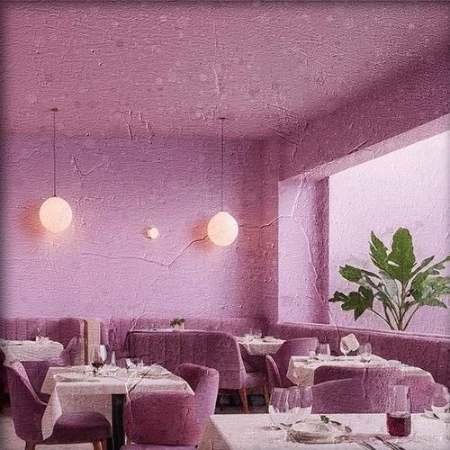 Pintura de un restaurante clásico con tonos morados