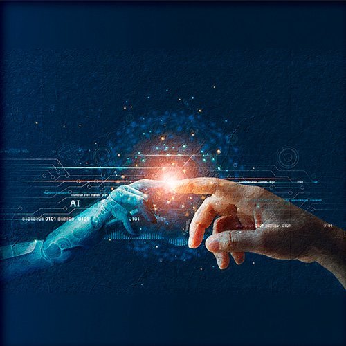 Pintura de una mano robotica y una humana conectadas por tecnologia