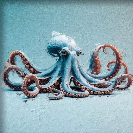 Pintura de un pulpo con fondo azul claro