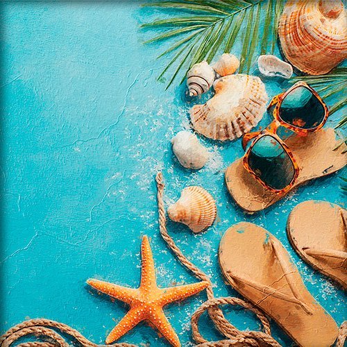 Pintura de objetos de playa y estrella de mar