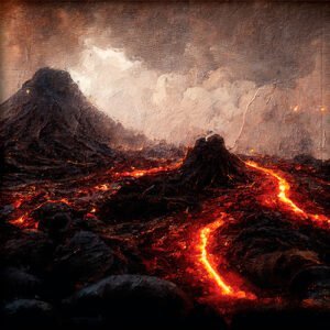 Pintura de un volcan con lava