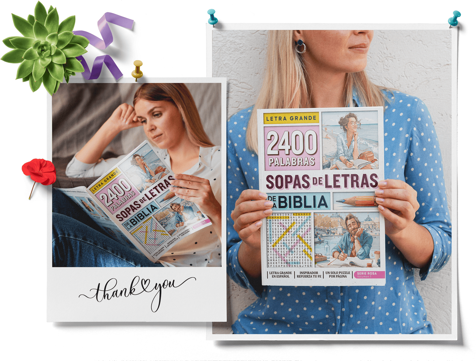Mujer leyendo libro de sopas de letras de la Biblia
