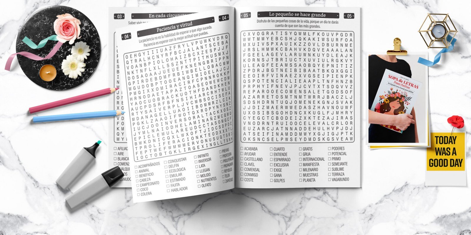 Libro de sopas de letras con palabras positivas paginas interiores