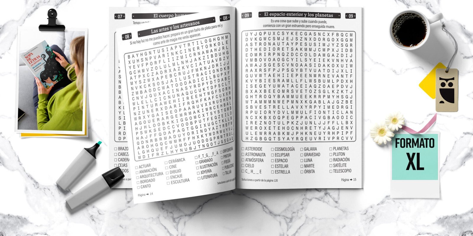 Paginas interiores del libro de sopa de letras con adivinanzas