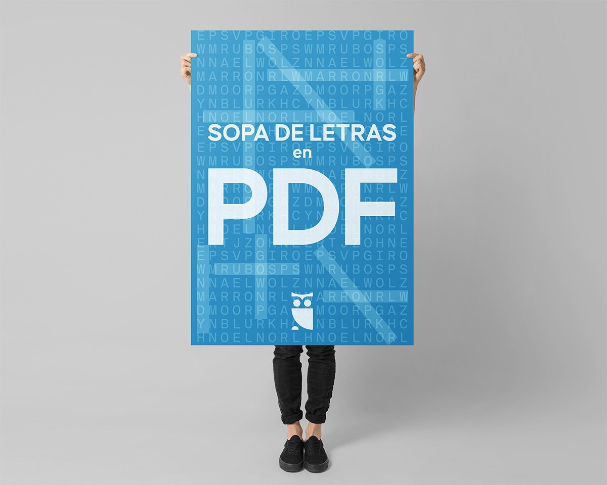Mujer Sujetando un Poster que pone Sopa de Letras en PDF