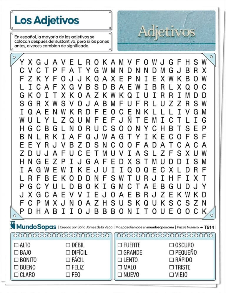 Sopa de Letras de Adjetivos