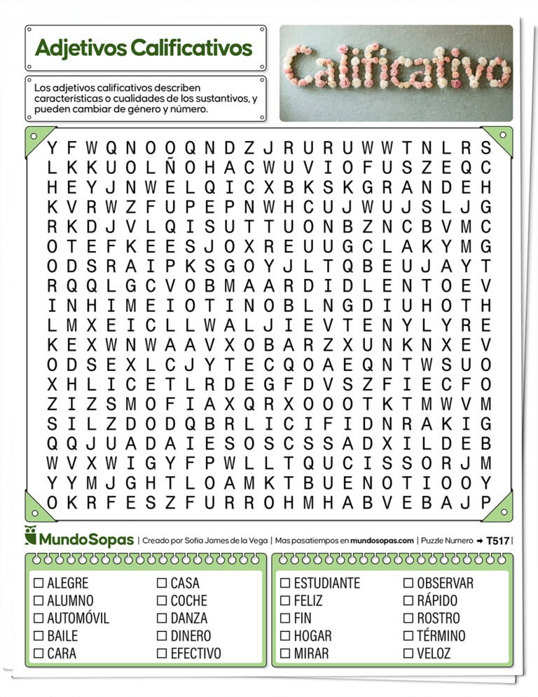 Sopa de letras de adjetivos calificativos para imprimir