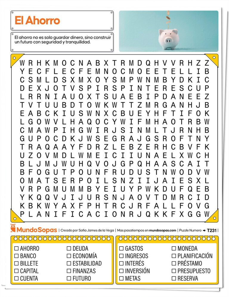 Sopa de letras sobre el ahorro para imprimir