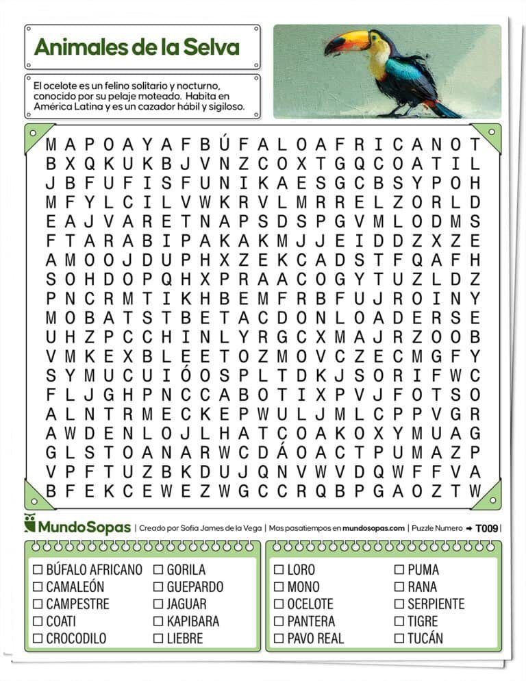 Sopa de Letras sobre Animales de la Selva
