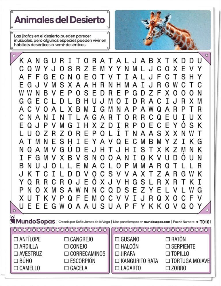 Sopa de Letras de Animales del Desierto para Imprimir