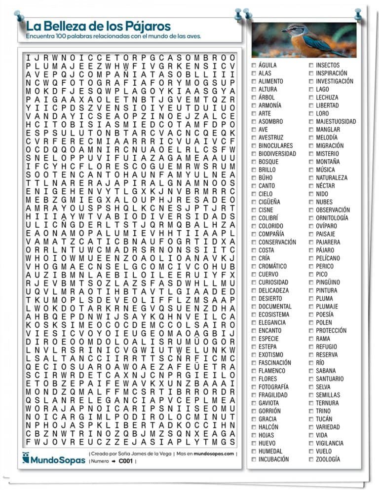 Sopa de Letras Muy Dificil sobre Pajaros