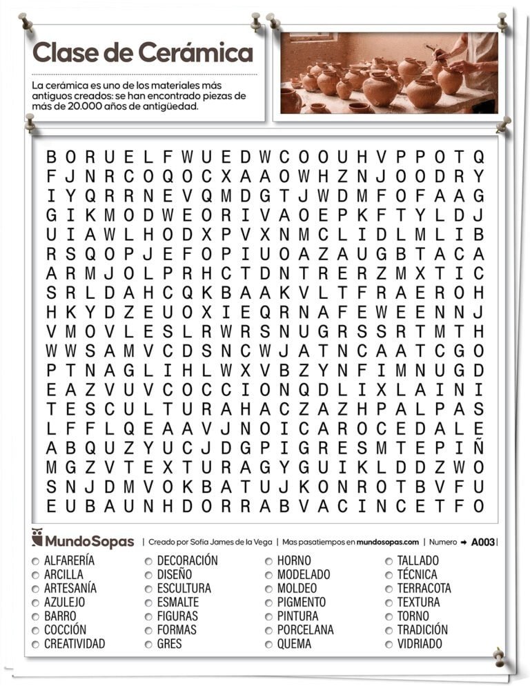 Sopa de Letras para Adultos con tema clase de cerámica