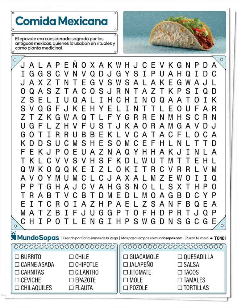 Sopa de letras de comida mexicana para imprimir gratis