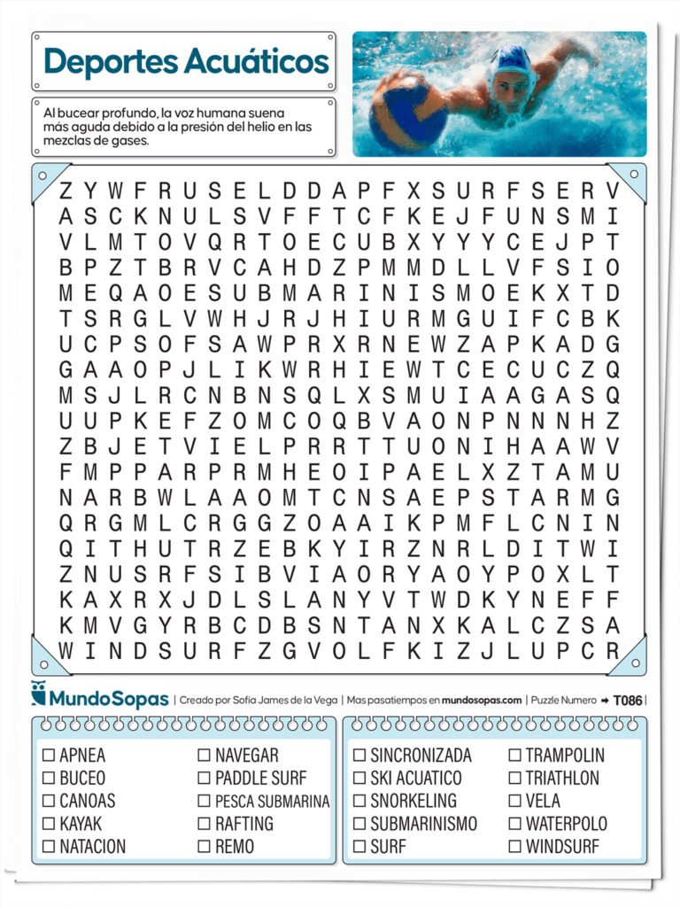 Sopa de letras de deportes acuaticos para imprimir