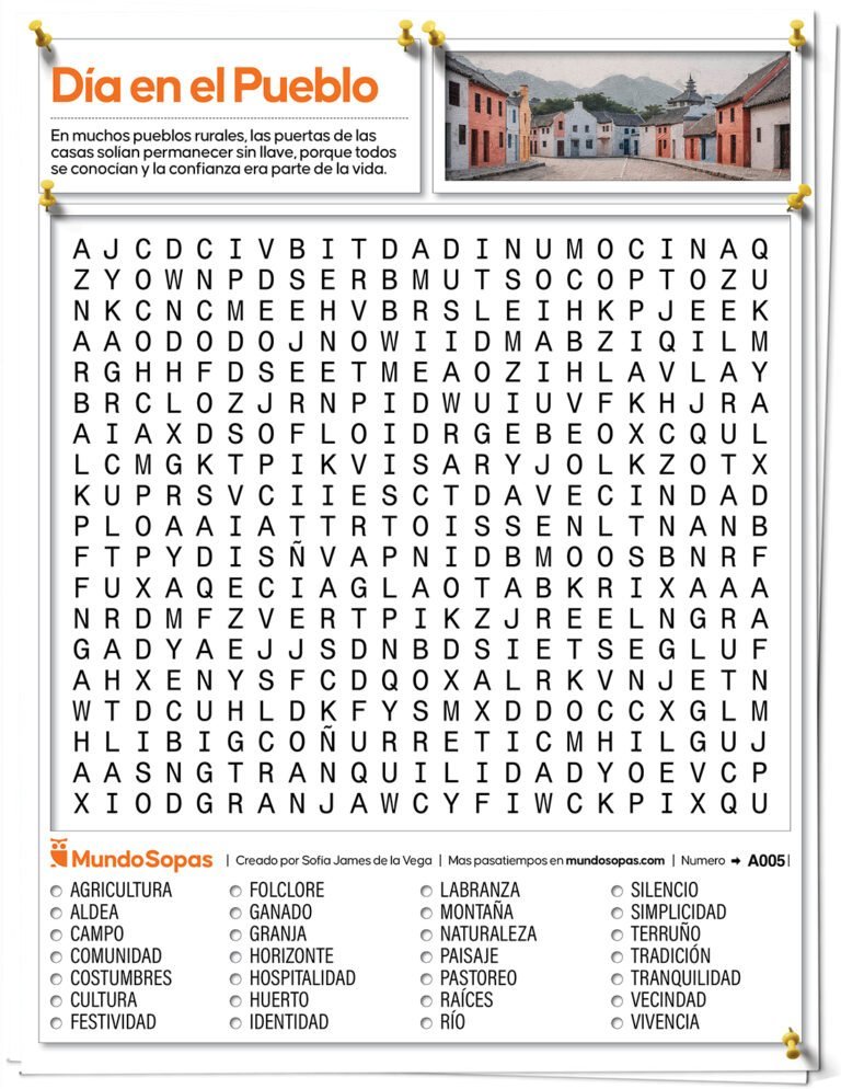 Sopa de Letras para Adultos sobre un día en el pueblo