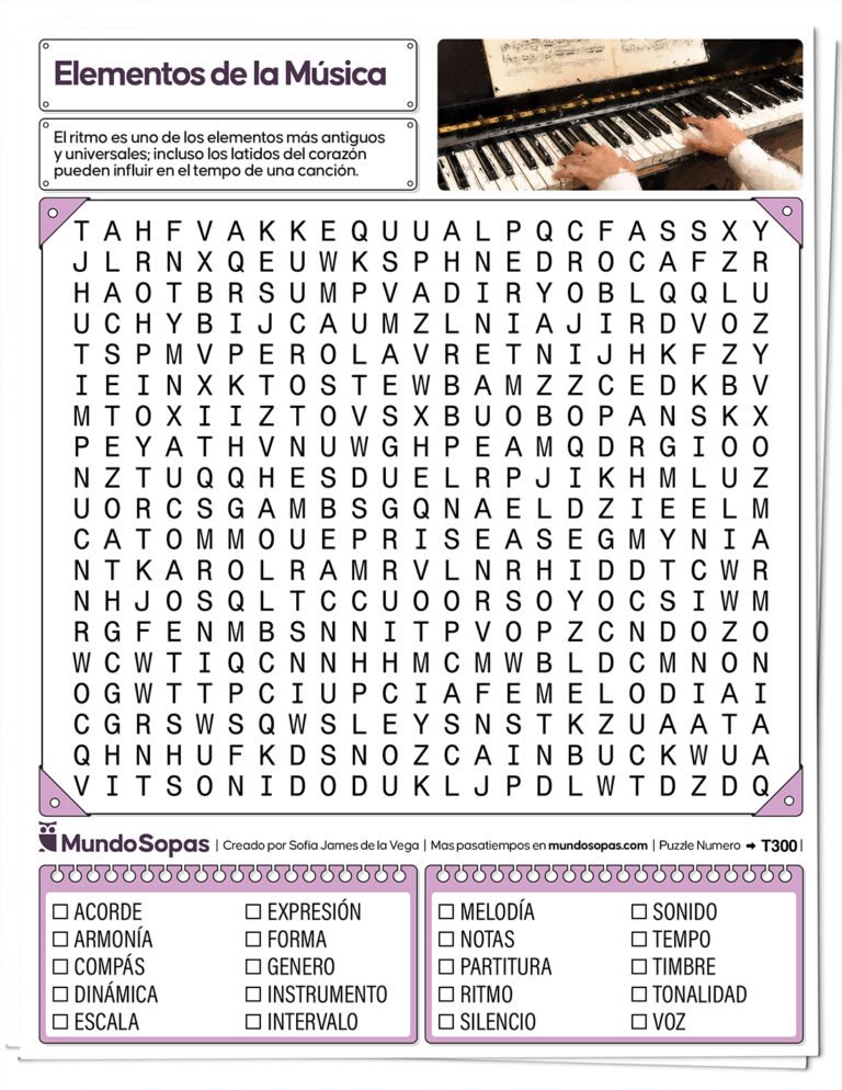 Sopa de letras de elmentos de la música para imprimir