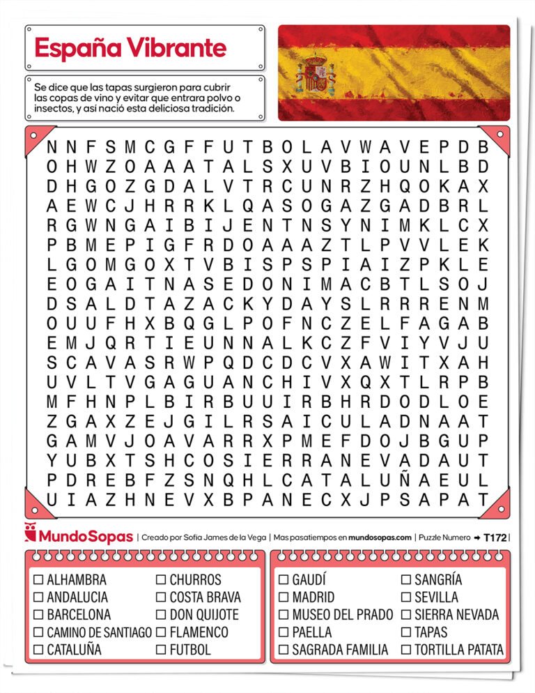 Sopa de letras sobre España para imprimir en PDF