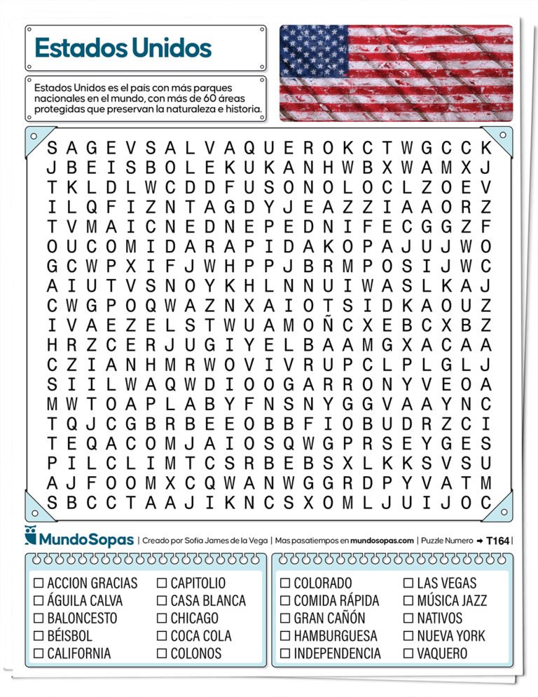 Sopa de letras sobre Estados Unidos para imprimir